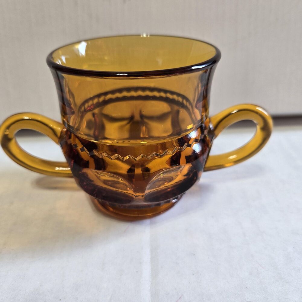 Vintage Amber Glass Kings Crown Open Sugar Bowl Double Handle 5oz 3.25"